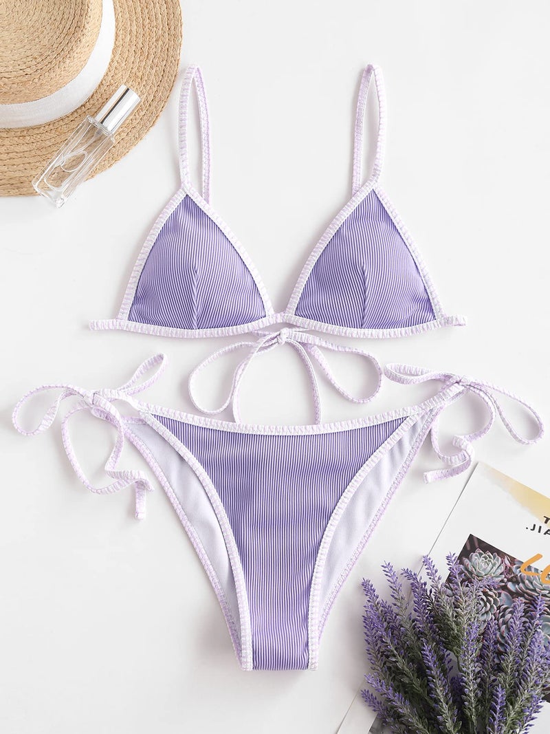 ZAFUL Women's Triangle Bikini Tie Side Whip Stitch String Bikini Two Piece Swimsuit Bathing Suits (3-Mauve, M) - Image 2